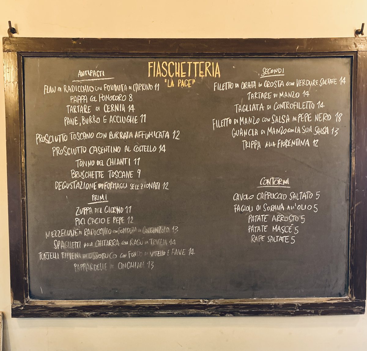 Die Tafel mit der Karte in der Fiaschetteria
